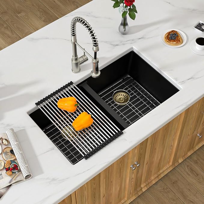 Black Double Bowl Granite Composite Kitchen Sink - 33 Inch Matte Black Kitchen Sink 50/50 Split Bowl Undermount Granite Quartz Composite Under Counter Sinks Basin
