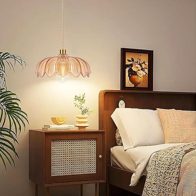 QIYIZM Plug in Pendant Light Hanging Lights with in Cord Mid Century Modern Gold Hanging Lamp Flower Glass Amber Vintage Dimmable Chandelier Ceiling Fixture for Living Room,Kitchen,Boho