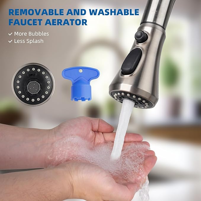Hibbent Pull Down Kitchen Faucet Head Replacement, NSF/ANSI/CAN 61 & CUPC Certified 3-Function Sink Spray Nozzle with 15 Adapters Compatible with Moen, Delta, Kohler Faucets, Brushed Nickel