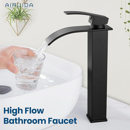 Airuida Vessel Sink Faucet Matte Black, Tall Waterfall Bathroom Faucet, Single Handle One Hole Mixer Bowl Tap with Large Rectangular Spout, Bar Sink Faucet Lavatory Vanity