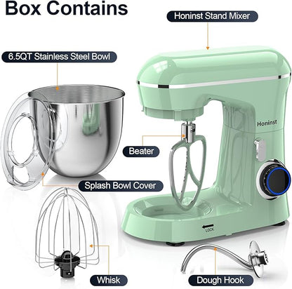 Honinst Stand Mixer, 6.5QT 10-Speed Tilt-Head Electric Stand Mixer, 3-In-1 Kitchen Mixer with Bowl, Dough Hook, Whisk and Beater, Food Mixer for Baking, Cake and Most Home Cooks, Light Green