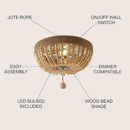 JONATHAN Y 14" Light Taupe and Polished Nickel 2-Light Wood Bead Iron Flush Mount, Farmhouse Bohemian Ceiling Light for Bedroom Hallway, UL Listed, LED Bulbs Included JYL1307A