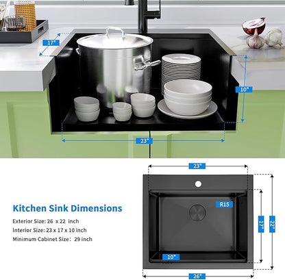 Black Drop In Kitchen Sink 26" X 22",Top Mount 16 Gauge Stainless Steel Workstation Sink,Deep & Large Single Bowl Kitchen Sinks (Black, 26" X 22")