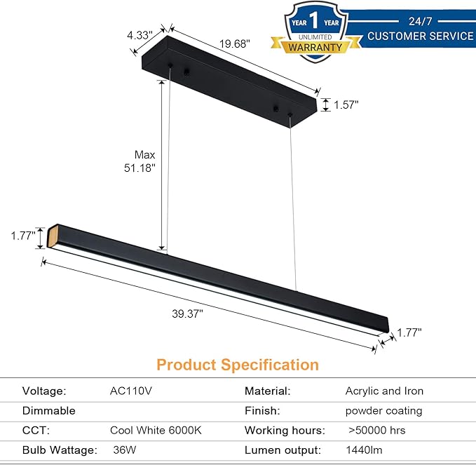 39.37" LED Linear Pendant Light Fixtures, 36W Dimmable Pool Table Light, Modern Island Lights for Kitchen Dining Room Living Room Office Bar, 1440lm, 6000k, Black