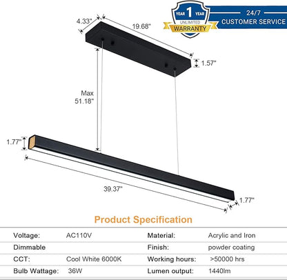 39.37" LED Linear Pendant Light Fixtures, 36W Dimmable Pool Table Light, Modern Island Lights for Kitchen Dining Room Living Room Office Bar, 1440lm, 6000k, Black