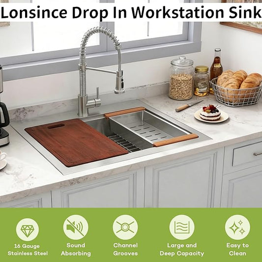 Drop In Kitchen Sink 26" X 22",Top Mount 16 Gauge Stainless Steel Workstation Sink,Single Bowl Kitchen Sinks
