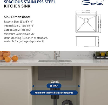 Sarlai 23 Bar Sink Stainless Steel - 23" x 18" Undermount Kitchen Sink Single Bowl 16 Gauge Stainless Steel RV Camper Wet Bar Prep Sink Basin