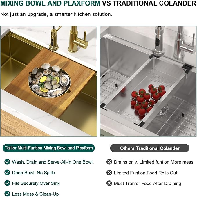 32 Gold Undermount Kitchen Sink - Workstation All-In One 32x19 Gold 16 Gauge Stainless Steel Under Counter Single Bowl Sink for Kitchen with Mixing Board and Pasta Strainer #TLU-0049