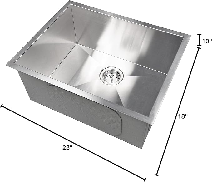 MSI 23 Inch Undermount Single Bowl 16 Gauge Stainless Steel Kitchen Bar Sink and Strainer