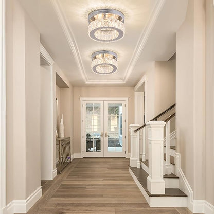 Modern Crystal Chandelier Mini Round Flush Mount Ceiling Light Fixture Small LED Crystal Ceiling Light for Hallway Foyer Living Room (Warm White)