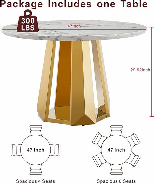47" Round Marble Dining Table for 4-6, Luxury Modern Kitchen Table with Marble Grain MDF Tabletop & Gold Mirrored Stainless Steel Pedestal Base, Grey Stone Dinner Table for Dining Room (Table Only)