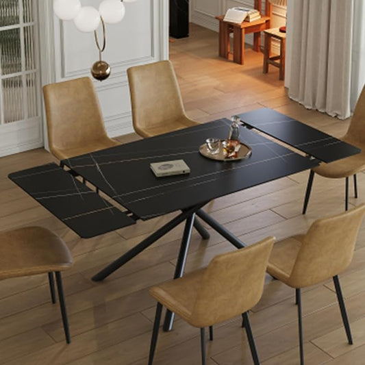 Runboll 47"-71" Extendable Sintered Stone Dining Table for 4 to 8, Modern Rectangular Kitchen Table with Carbon Steel Legs for Dining Room Family Gathering