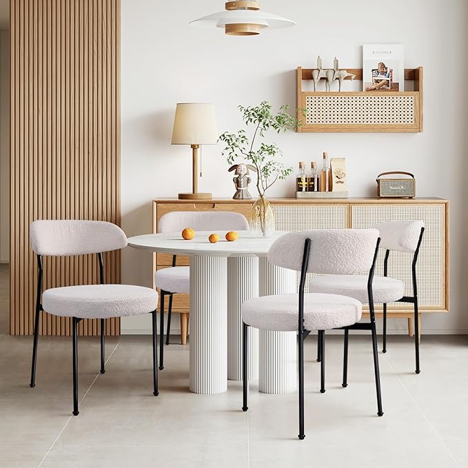 White Boucle Dining Chair Set of 4, Modern Oval Upholstered Dining Chairs with Curved Back and Metal Leg for Dining Room,Restaurant,Kitchen Island(Black Leg)