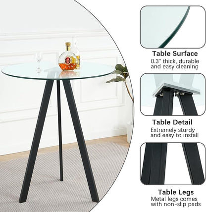 Clear Glass High Bar Table & 2 Adjustable Velvet Barstools Island Chairs, Round Farmhouse Bistro Pub Table Set of 3, Swivel Counter Height Chairs (Black Metal Legs, Clear Top + Grey Chair)