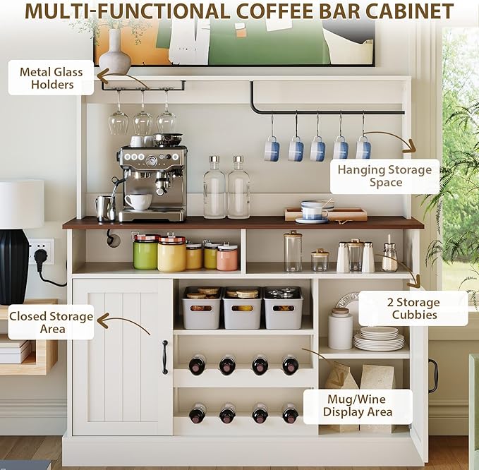 47" Farmhouse Coffee Bar Cabinet with Storage, Buffet Cabinet with Goblet Holder, 5Hooks, Power Outlets, Sideboard Cabinet Coffee Bar Table with Adjustable Shelves for Kitchen & Living Room, White