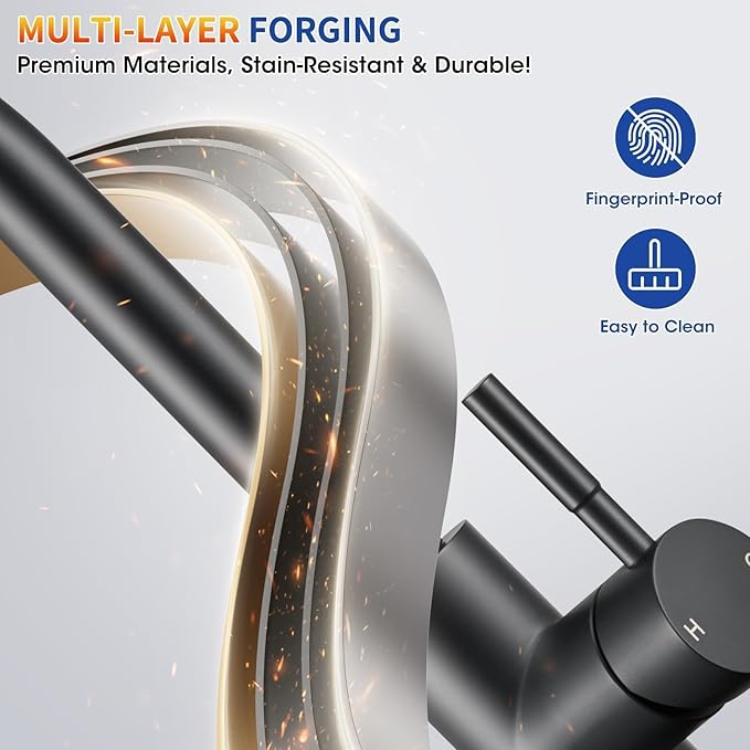 Matte Black Kitchen Faucets with Pull Down Sprayer, High Arc Single Handle Stainless Steel 1 or 3 Hole Utility Modern Faucet for Kitchen Sink, Suitable for Bar Laundry RV Farmhouse Camper