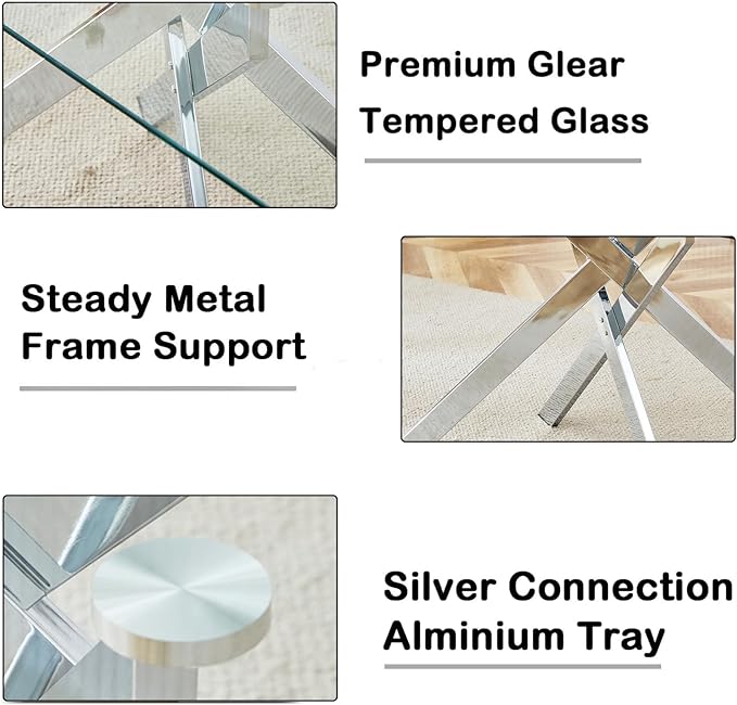Henf 51.2'' Glass Dining Table for 4-6 People, Rectangle Kitchen Table with Silver Metal Legs, Tempered Glass Top Dining Room Table for 4, Dining Table for Dining Room Home Kitchen