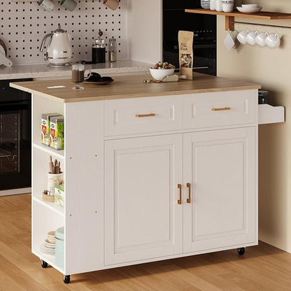 IRONCK Kitchen Island with Power Outlet & Drop Leaf, 47.2" Width Rolling Kitchen Island on Wheels with Storage, Mobile Kitchen Island Cart with Spice Rack, Open Shelves and Drawer, White