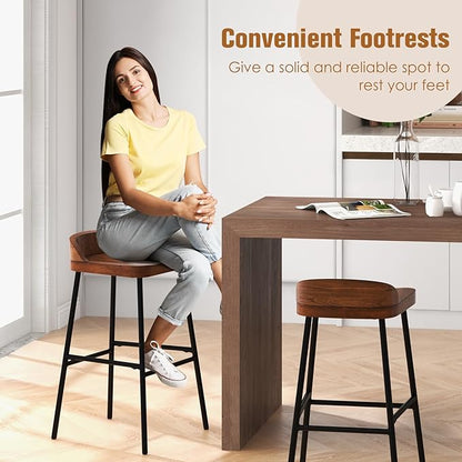 Giantex 29" Bar Height Bar Stools Set of 2, Industrial Wood Barstools with Metal Legs, Chic Low Back, Curved Seat Surface, Max Load 330 Lbs, Wooden Armless Bar Dining Chairs for Kitchen Island Pub