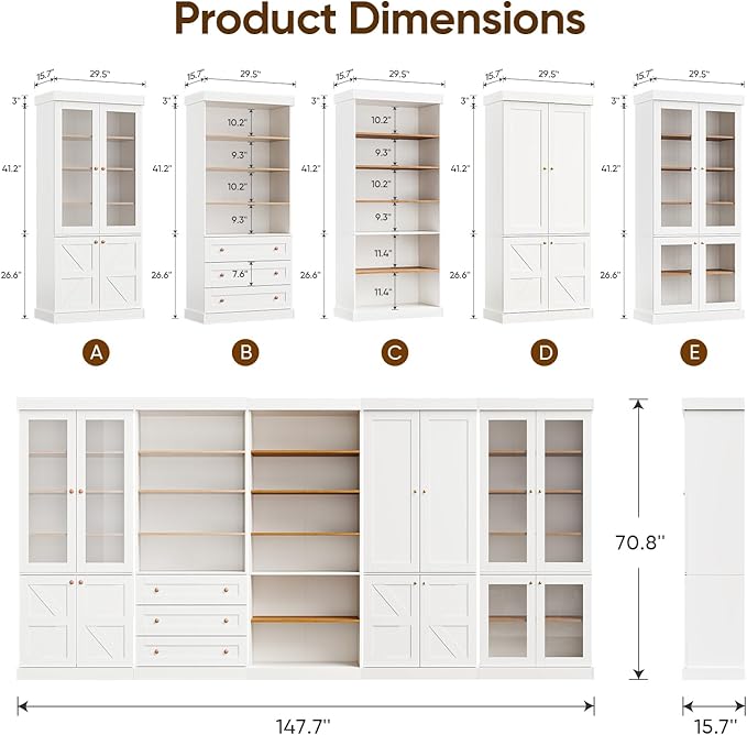 70.8" Farmhouse Kitchen Pantry Cabinet with Glass Doors, Modular Storage Cabinet with 6-Tier Adjustable Shelves, Large Storage Cabinet for Kitchen or Living Room, White