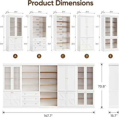 70.8" Farmhouse Kitchen Pantry Cabinet with Glass Doors, Modular Storage Cabinet with 6-Tier Adjustable Shelves, Large Storage Cabinet for Kitchen or Living Room, Set of 2, White