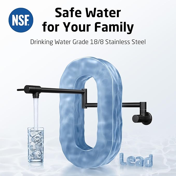 KES Pot Filler Faucet with Heat-Resistant Cartridge, 25.6" Over Stove Pot Filler, Kitchen Faucet Black with Double Joints Swing Arm Wall Mount, Stainless Steel No Lead, KN926S24LFF18-BK