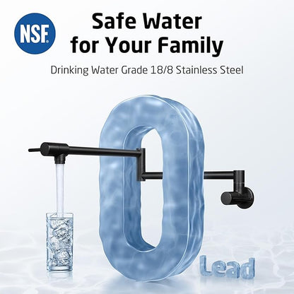 KES Pot Filler Faucet with Heat-Resistant Cartridge, 25.6" Over Stove Pot Filler, Kitchen Faucet Black with Double Joints Swing Arm Wall Mount, Stainless Steel No Lead, KN926S24LFF18-BK