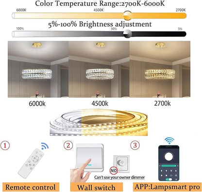Led 15.7" Gold Ring Crystal Chandelier, Modern Dimmable Chandeliers Lighting and Hanging Adjustable, LED Round Ceiling Light Fixtures for Dining Room Living Room