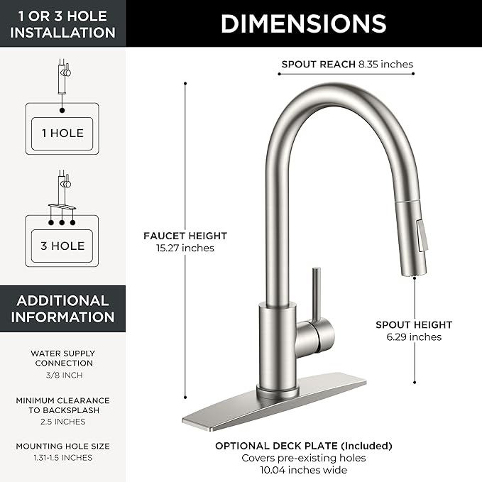 FORIOUS Kitchen Faucet with Pull Down Sprayer, Classic Single Hole Kitchen Sink Faucet with Deck Plate, Brushed Nickel Single Handle, High Arc Stainless Steel for RV Bar Farmhouse Laundry Outdoor