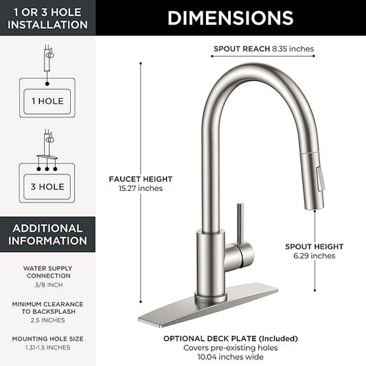 FORIOUS Kitchen Faucet with Pull Down Sprayer, Classic Single Hole Kitchen Sink Faucet with Deck Plate, Brushed Nickel Single Handle, High Arc Stainless Steel for RV Bar Farmhouse Laundry Outdoor