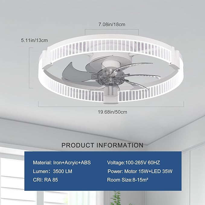 Garwarm Ceiling Fans with Lights，19.7" Ultra Low Profile Ceiling Fan with Light and Remote, Dimmable 3000K–6000K LED Fandelier Flush Mount, DC Motor, for Bedroom, Kitchen, Office
