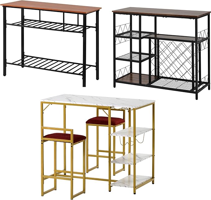 5-Piece Metal Dining Room Furniture Set with Marble Dining Table and 2 Stools/1 Kitchen Island/1 Wine Rack Table, Ideal for Small Small Apartment, Studio (Gold + Metal-1)