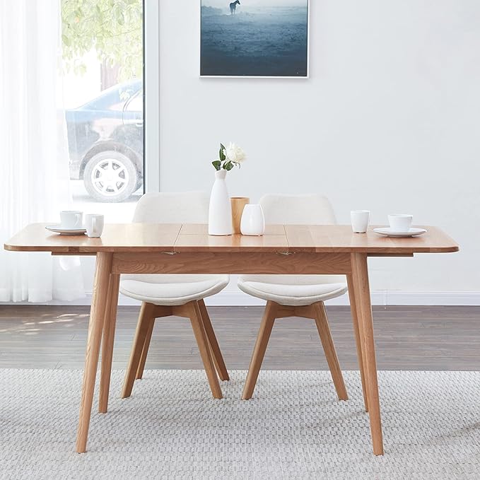 63" Extendable Island Table, Rustic Dining Table with Solid Oak, Farmhouse Dining Table with Rounded Corners for Family Gatherings & Home Spaces, Light Oak