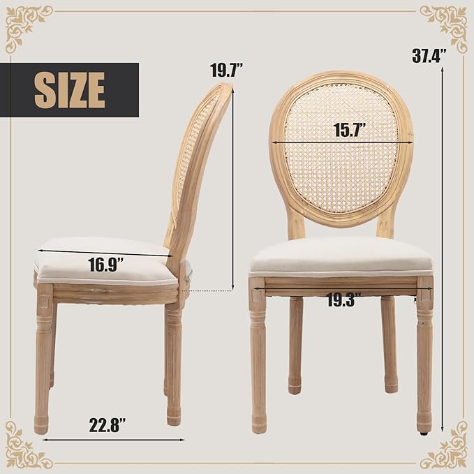 SoarFlash French Dining Chairs Set of 4, Vantage Linen Dining Chair with Round Back, Farmhouse Country Rattan Dining Chair for Living Room,Kitchen,Bedroom,Beige