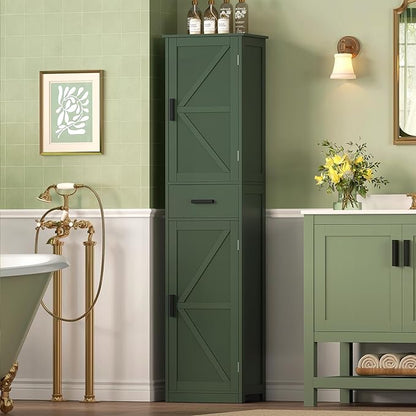 WEENFON Tall Bathroom Cabinet, Storage Cabinet with 6 Shelves & Drawer, Bathroom Storage Cabinet with Adjustable Shelves, Tall Cabinet for Living Room, Home Office, Forset Green