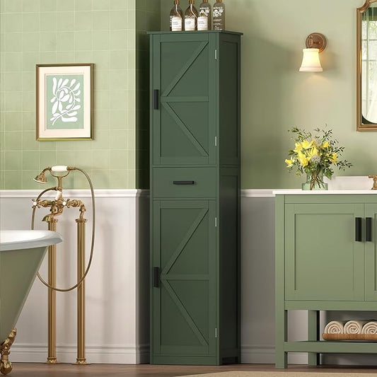 WEENFON Tall Bathroom Cabinet, Storage Cabinet with 6 Shelves & Drawer, Bathroom Storage Cabinet with Adjustable Shelves, Tall Cabinet for Living Room, Home Office, Forset Green