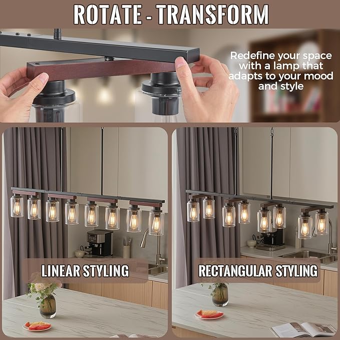 8-Light Kitchen Island Lighting & Farmhouse Dining Room Light Fixtures Over Table, 60in Rustic Linear Chandelier Adjustable Ceiling Hanging Pendant - Rotating Design, Customizable Shapes, Clear Glass