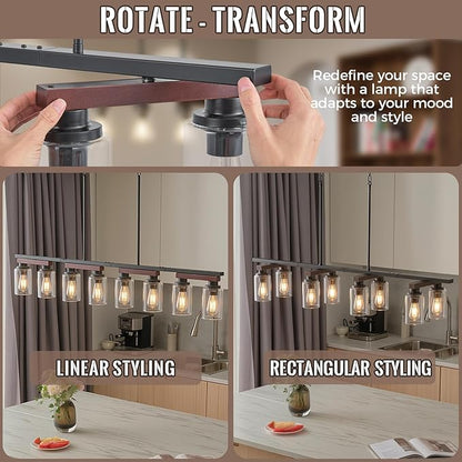 8-Light Kitchen Island Lighting & Farmhouse Dining Room Light Fixtures Over Table, 60in Rustic Linear Chandelier Adjustable Ceiling Hanging Pendant - Rotating Design, Customizable Shapes, Clear Glass