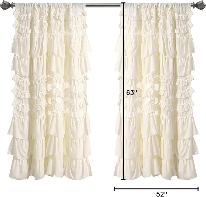 Lush Decor Kemmy Light Filtering Window Curtain Panel Single 52" W x 63" L Ivory - Drapes - Ruffled Curtains for Bedroom - Cream Curtains - Coquette Decor