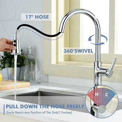 Kitchen Faucet with Pull Down Sprayer Tall Single Handle High Arc Kitchen Sink Faucet Faucet for Kitchen Sink 3-Function Sprayer 17 Inch,Chrome