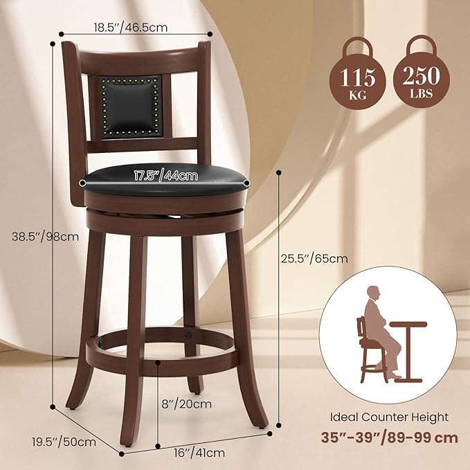 ERGOMASTER Swivel Bar Stools Set of 4-25.5 Inch Counter Height with Footrest, 360° Spin & Extra Wide Seat, Vintage Rubber Wood Frame, 250 lbs Capacity, Kitchen Island Stools for Small Spaces
