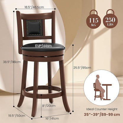 ERGOMASTER Swivel Bar Stools Set of 4-25.5 Inch Counter Height with Footrest, 360° Spin & Extra Wide Seat, Vintage Rubber Wood Frame, 250 lbs Capacity, Kitchen Island Stools for Small Spaces