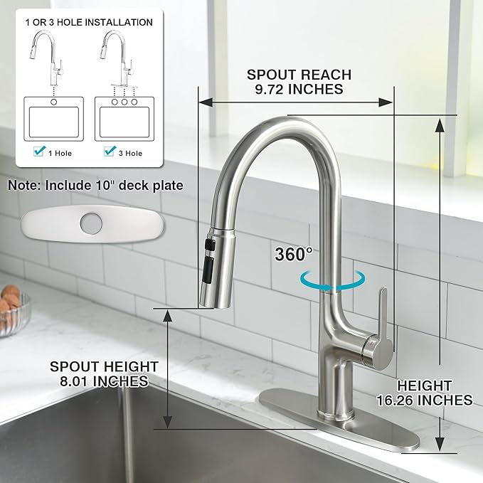 Kitchen Faucet, Brushed Nickel Kitchen Faucet with Pull Down Sprayer, High Arc Single Handle Stainless Steel Kitchen Sink Faucet 1 or 3 Hole, Bar Sink Faucet with 3 Modes Power Clean Deck Plate