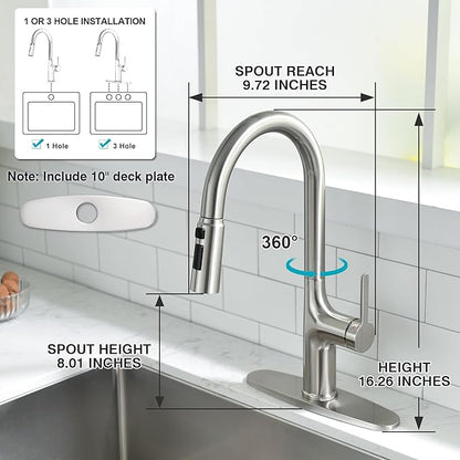 Kitchen Faucet, Brushed Nickel Kitchen Faucet with Pull Down Sprayer, High Arc Single Handle Stainless Steel Kitchen Sink Faucet 1 or 3 Hole, Bar Sink Faucet with 3 Modes Power Clean Deck Plate