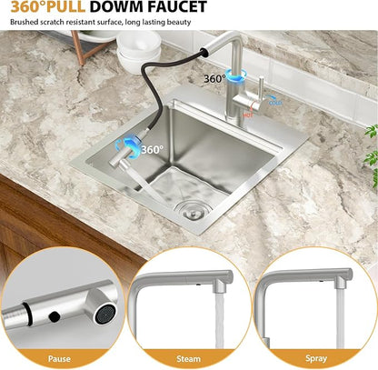 Mocoloo 15 Inch Bar Sink with Faucet, 16 Gauge Drop in Workstation Sink - 15x17x9" Stainless Steel Single Bowl Small Prep Kitchen Sink with Pull-Out Faucet