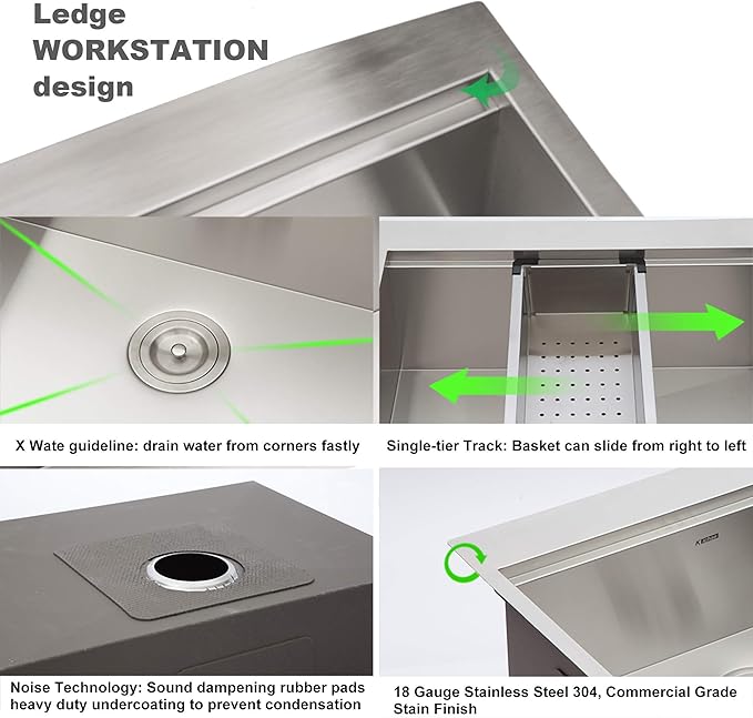 33 Farmhouse Sink Double Bowl - Kichae 33 Inch Apron Front Stainless Steel Double Bowl Low Divided 60/40 Ledge Workstation Handmade Farm Kitchen Sink