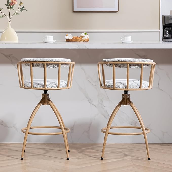 26'' Swivel Counter Height Bar Stool, Set of 2 Fabric Seat with Water Transfer Printed Metal e, Modern Industrial Design Bar Chairs for Kitchen Island, Dining Room, Home Bar, Counter Seat (Beige)