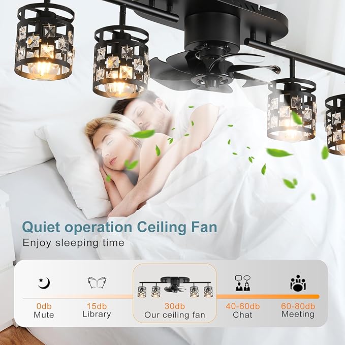 Garwarm Ceiling Fans with Lights and Remote,39.3" Kitchen Ceiling Fan,360° Rotatable Lampheads Bladeless Black Fandelier Flush Mount Ceiling Fans for Bedroom Dining Room Living Room（6 Speed, Timing）