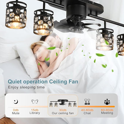 Garwarm Ceiling Fans with Lights and Remote,39.3" Kitchen Ceiling Fan,360° Rotatable Lampheads Bladeless Black Fandelier Flush Mount Ceiling Fans for Bedroom Dining Room Living Room（6 Speed, Timing）