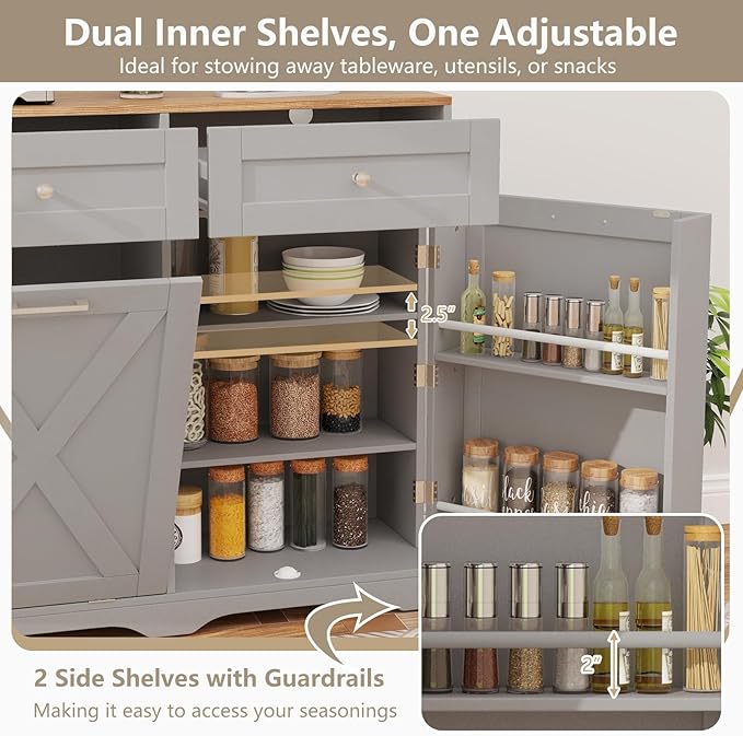 Giantex Kitchen Island with Tilt Out Trash Can Storage & Power Outlet, 39.5" W Island Table with 2 Drawers, 2-Tier Spice Racks, Adjustable Shelf for Dining Room, Laundry Room (Grey+Walnut)